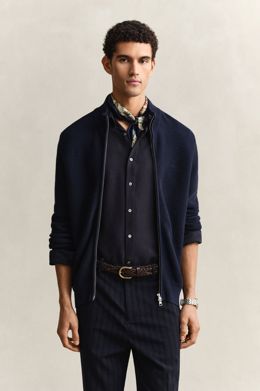 GANT - Cotton Texture Zipped Cardigan, Evening Blue 3XL