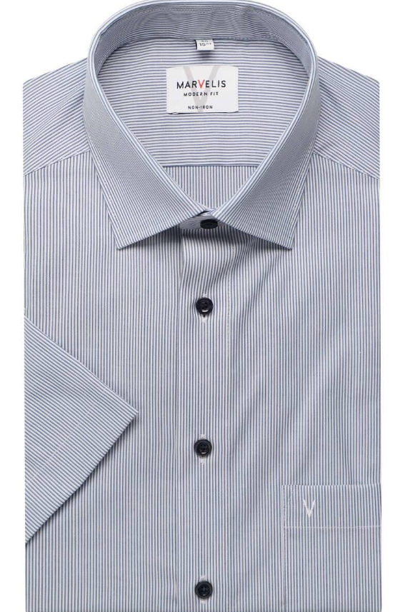 Marvelis - Modern Fit Short Sleeve Shirt, Navy and White Stripes