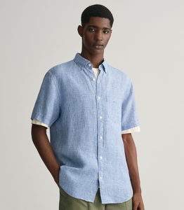 GANT - Regular Linen Houndstooth Short Sleeve Shirt, Rich Blue