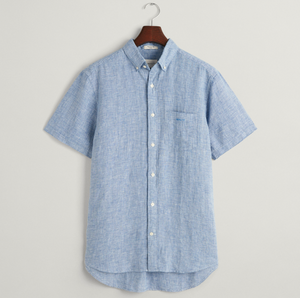 GANT - Regular Linen Houndstooth Short Sleeve Shirt, Rich Blue