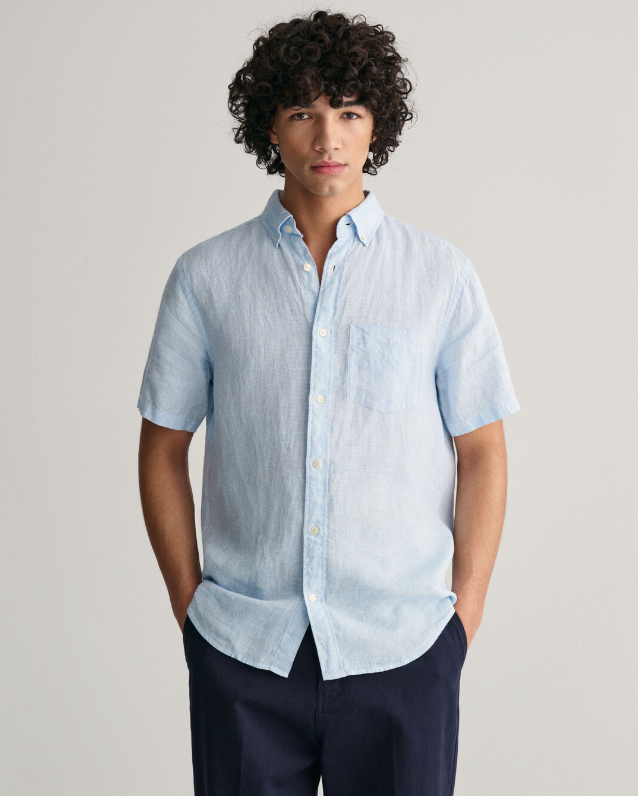 GANT - Regular Linen Houndstooth Short Sleeve Shirt, Capri Blue