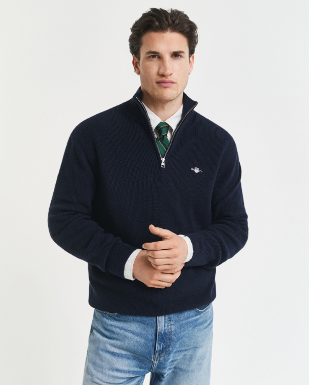 Gant - Merino Cotton Ribbed Half Zip, Evening Blue (XL Only)