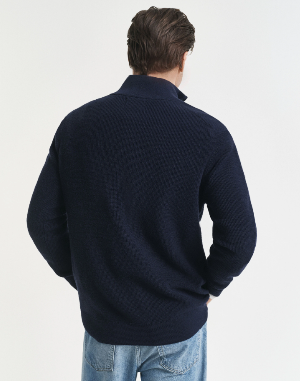Gant - Merino Cotton Ribbed Half Zip, Evening Blue (XL Only)