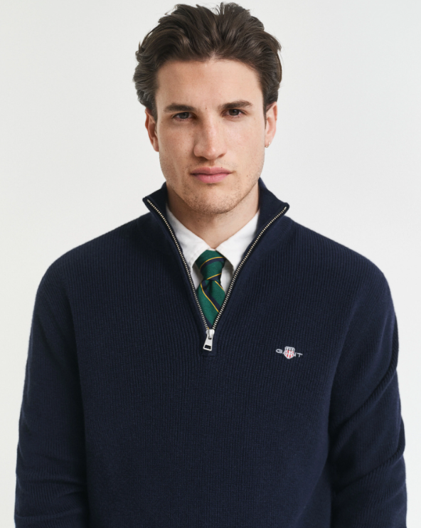 Gant - Merino Cotton Ribbed Half Zip, Evening Blue (XL Only)