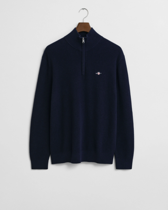 Gant - Merino Cotton Ribbed Half Zip, Evening Blue (XL Only)