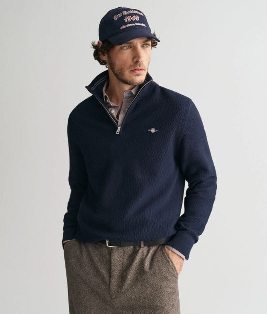 GANT - Cotton Micro Textured Half Zip, Evening Blue (XL only)