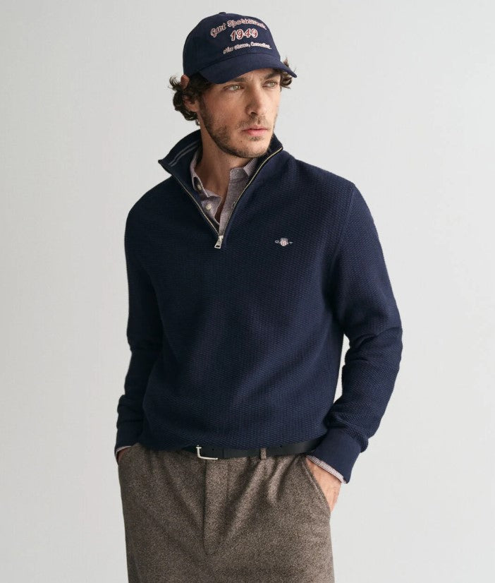 GANT - Cotton Micro Textured Half Zip, Evening Blue (XL only)