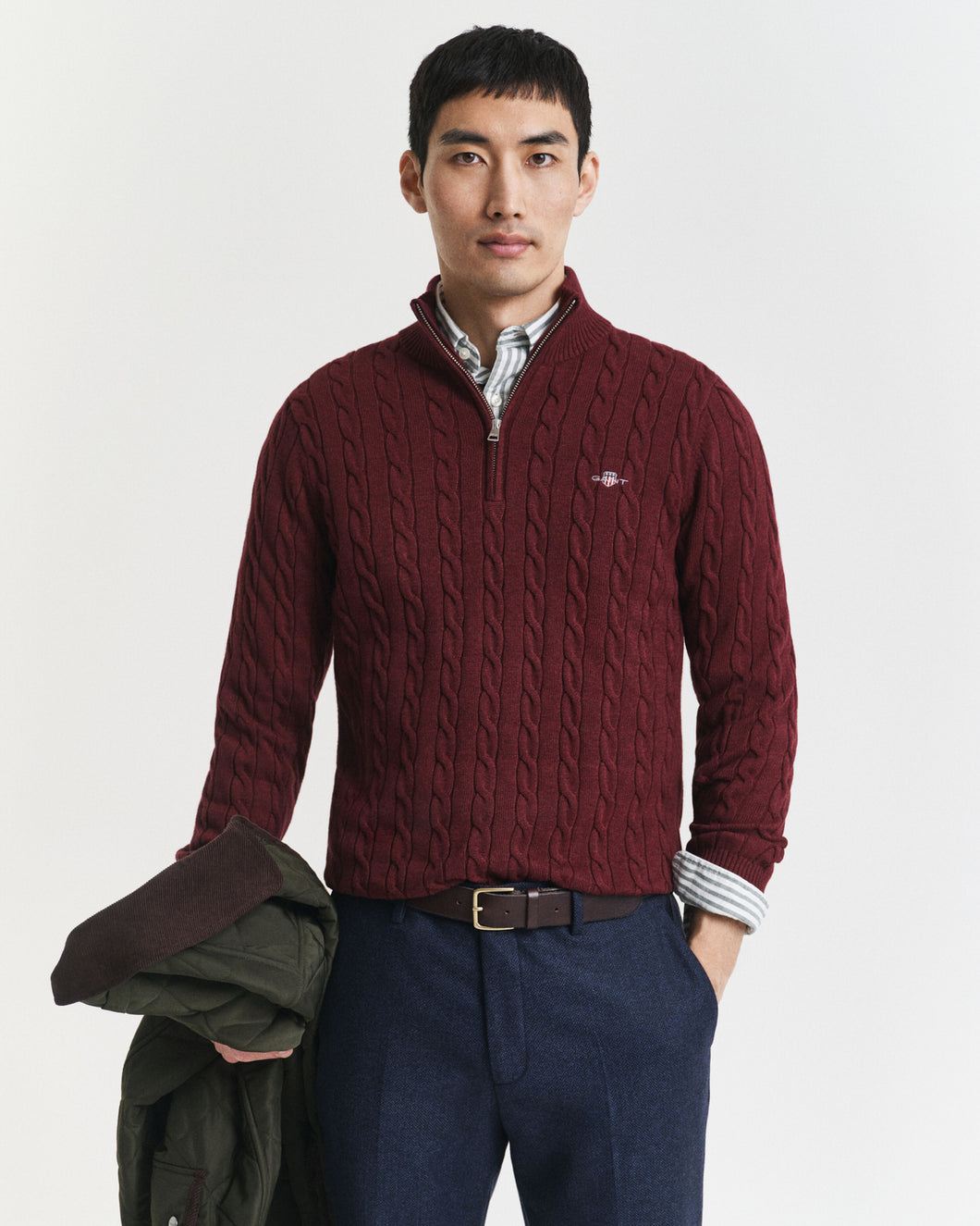 GANT - Cotton Cable Half Zip, Bordeaux Melange