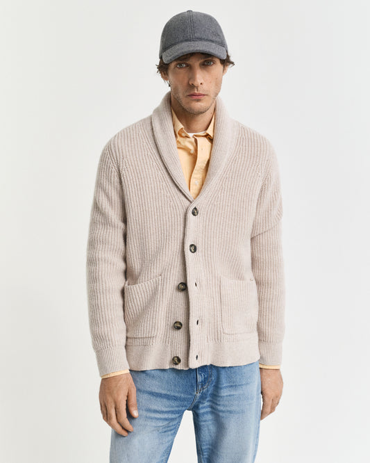 GANT - Wool Blend Shawl Collar Cardigan, Light Beige Melange (L & XL Only)