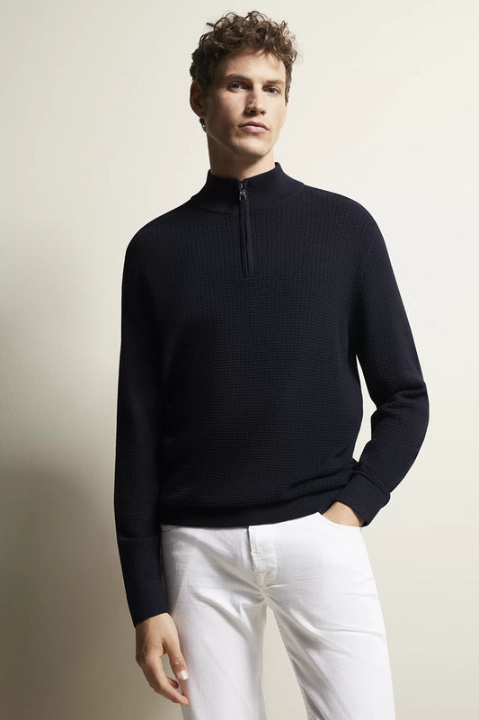 Bugatti - Half Zip Waffle Sweater, Navy