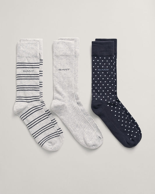 GANT - 3 Pack Stripe Dot Rib Socks, Light Grey