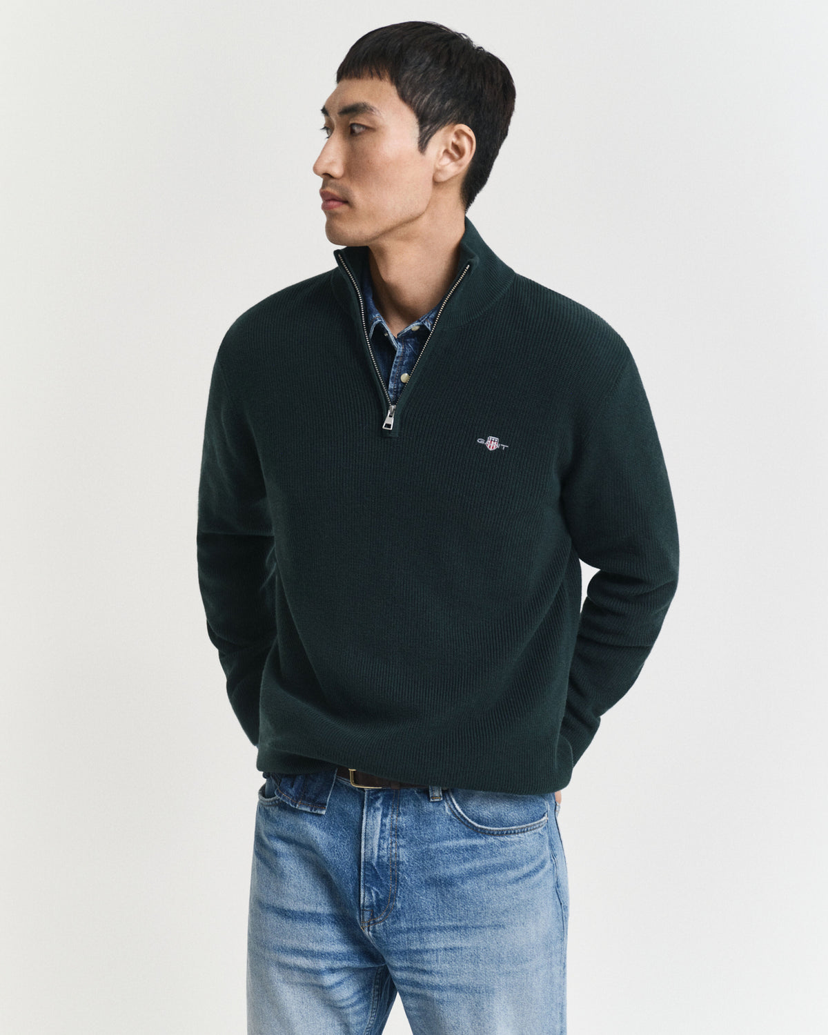 Gant - Merino Cotton Ribbed Half Zip, Tartan Green (L & XXL Only)