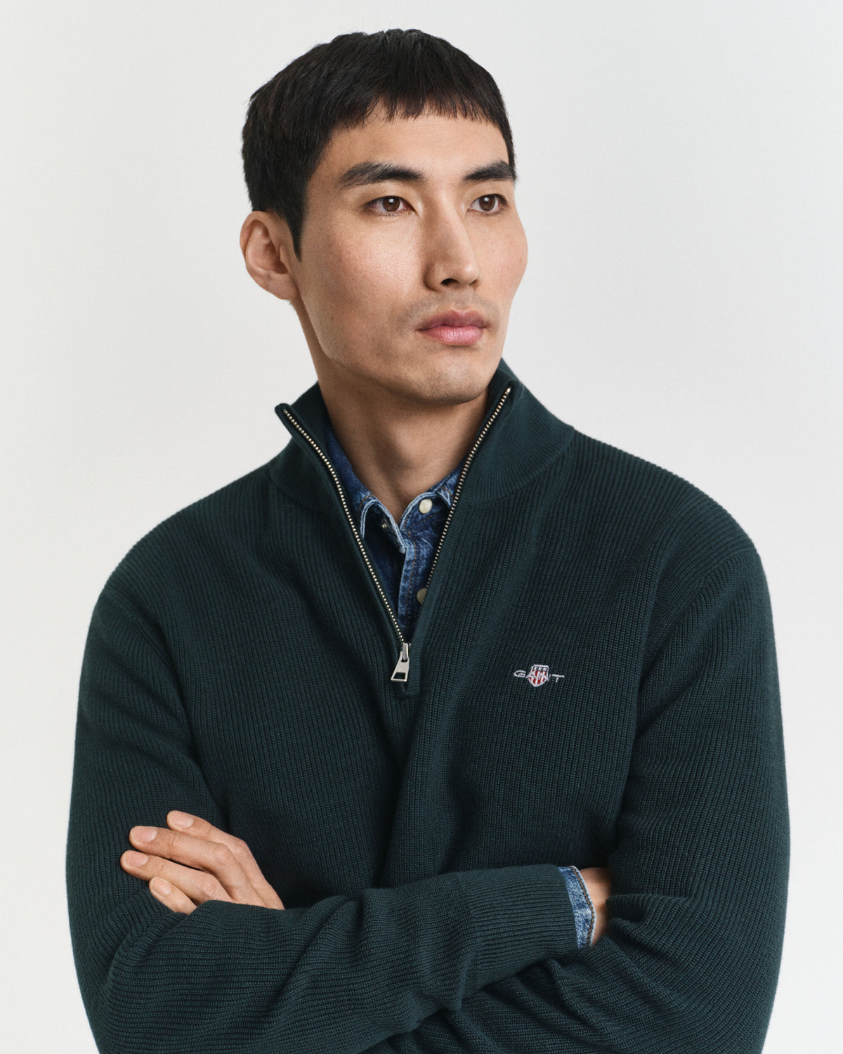 Gant - Merino Cotton Ribbed Half Zip, Tartan Green (L & XXL Only)