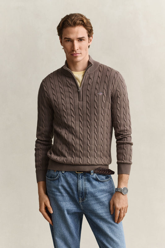 GANT - Cable Knit Half-Zip Sweater, Black Brown Melange