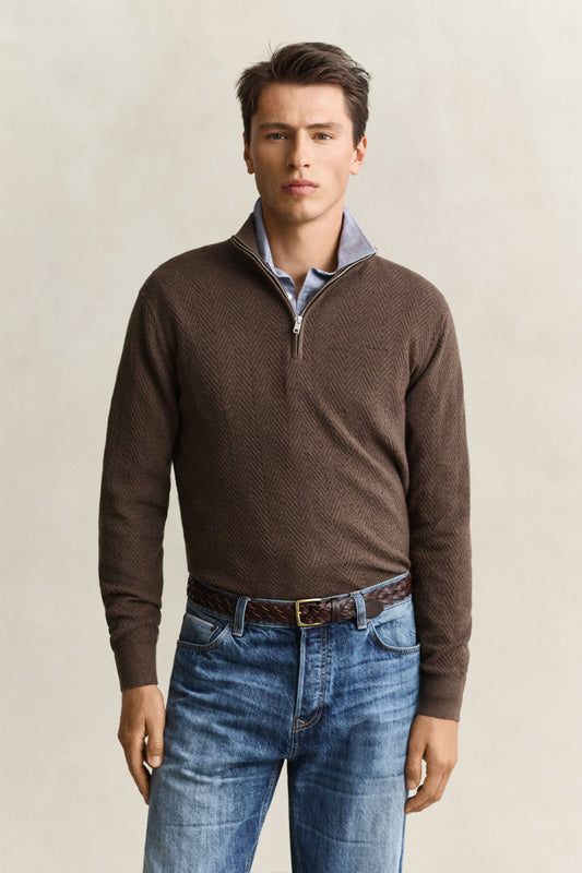 GANT - Herringbone Texture Half-Zip, Brown Melange