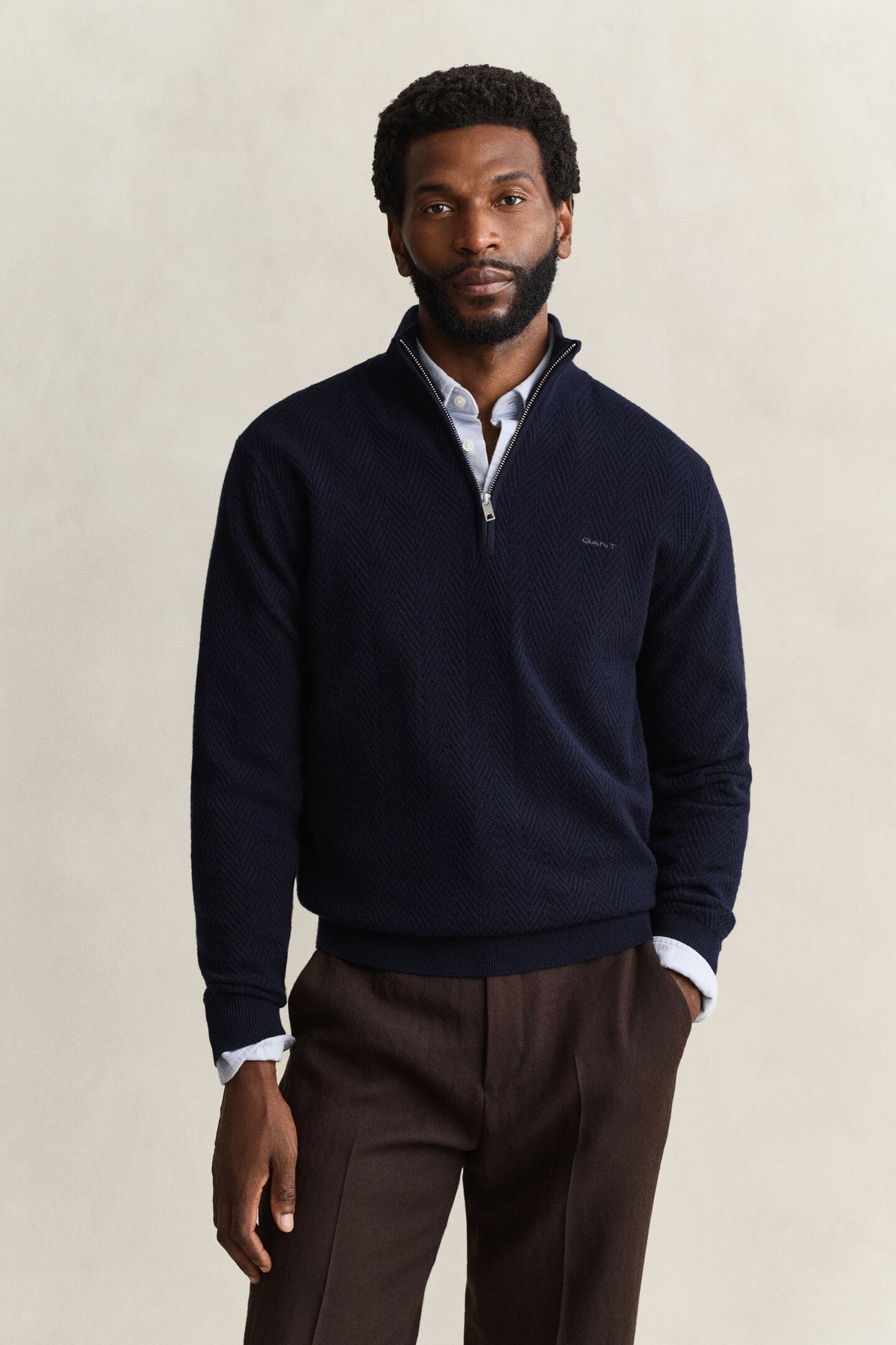 GANT - Herringbone Texture Half-Zip, Evening Blue