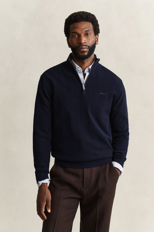 GANT - Herringbone Texture Half-Zip, Evening Blue