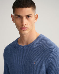 GANT- Cotton Wool Ribbed Crew Neck Sweater - Denim Blue Mel