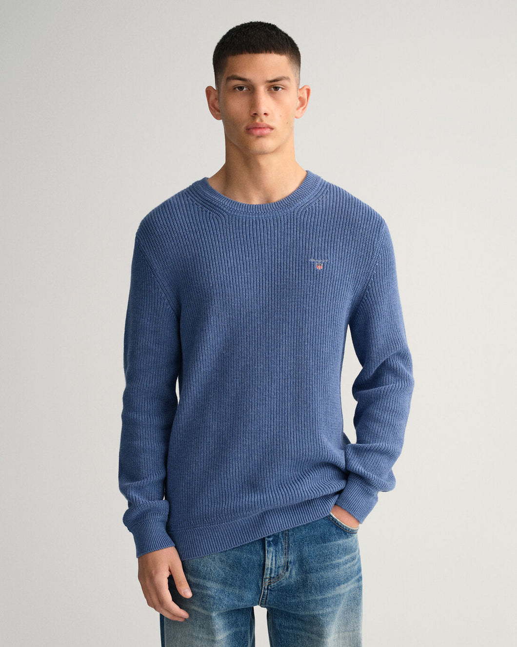 GANT- Cotton Wool Ribbed Crew Neck Sweater - Denim Blue Mel