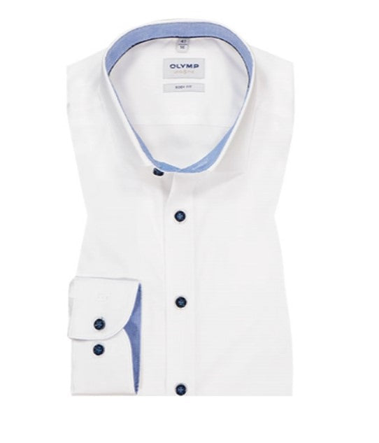 OLYMP -  Level Five Body Fit, White Shirt With Navy Buttons