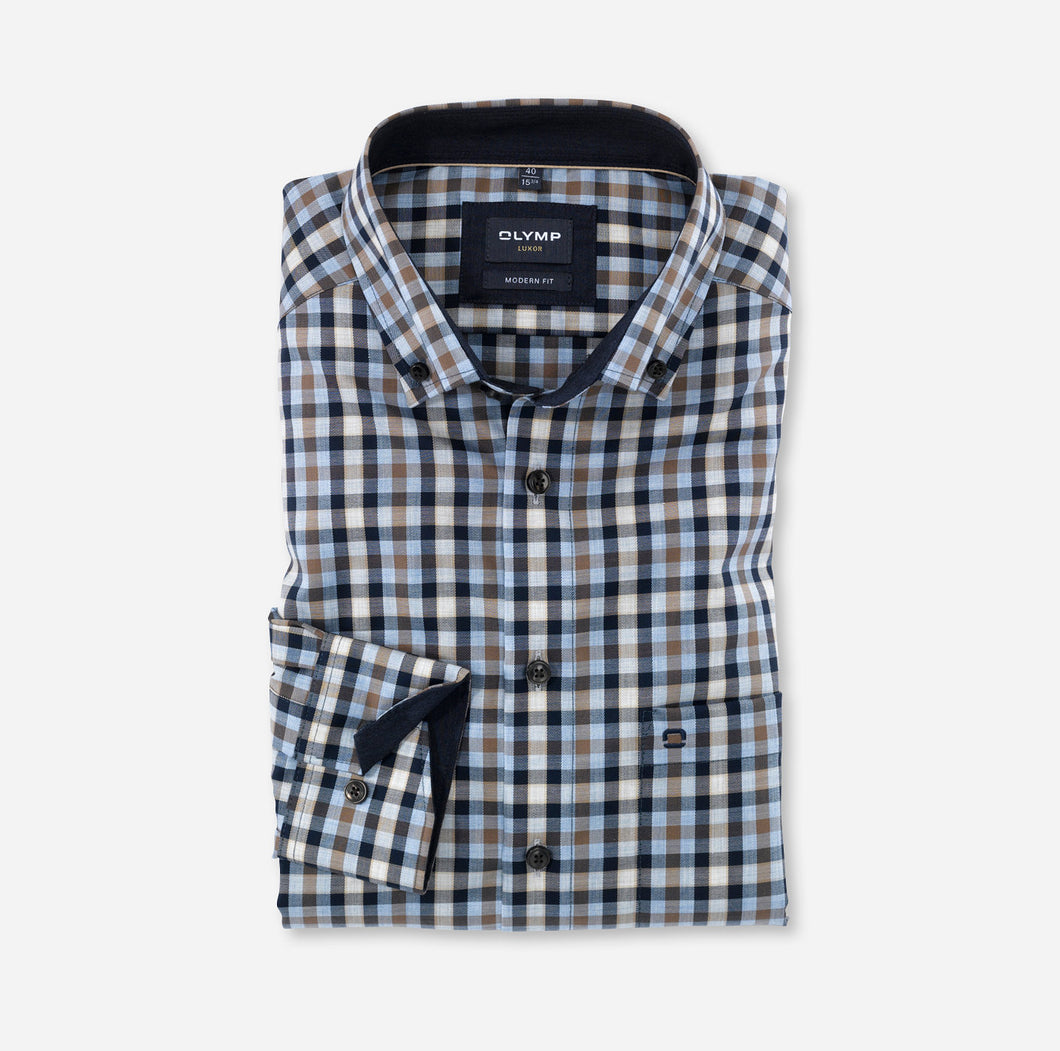 OLYMP -  Modern Fit Check Patterned Shirt, Brown, Blue and Navy